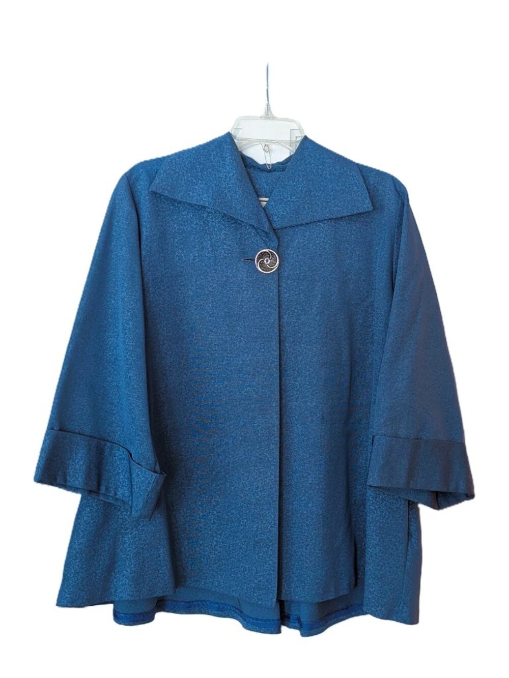 Rare Vtg 50s 60s Marshall Field Blue Silk Faille Swing Coat Jacket Ornate Button